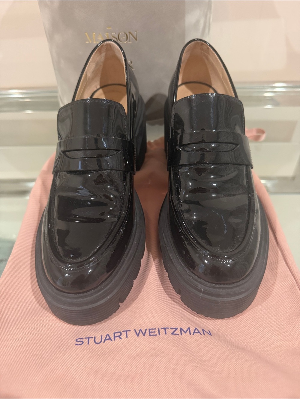 Stuart Weitzman Black Patent Platform Penny Loafers
